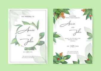 Wedding Invitation, floral invite thank you, RSVP modern card Design green tropical palm leaf greenery branches decorative