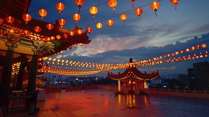 Naklejka premium Scene of chinese temple with lanterns