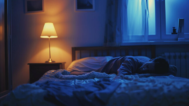 Struggling to sleep, person lying awake, nightstand light on, tense, quiet bedroom