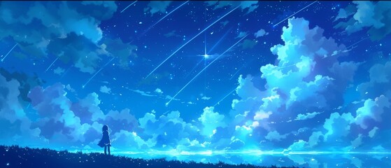 Anime style dark blue night sky with a crescent moon in the center.
