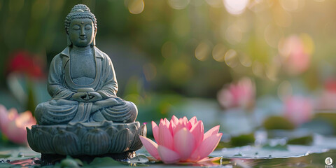 Big stone Buddha statue with lotus flowers outdoors. ai generated