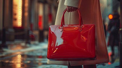 Close up on shiny red handbag held by a person in a long coat on an urban walkway