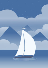 Mountains seaside blue landscape and ship poster. Seaside night with clouds. - 771991292