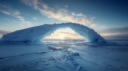 Ice forms a natural bridge under the expansive polar sky