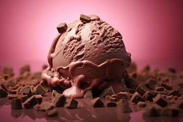 Scoop of chocolate ice cream with grated or broken pieces of chocolate on top