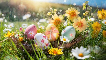 Springtime Splendor: Easter Eggs Enhanced with Floral Decor in the Grass