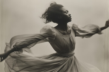 An elegant black and white portrayal of a woman gracefully moving in a flowing dress, showcasing...