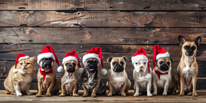 Group of five purebred French bulldog wearing Santa Claus hats sitting on white background, Group of dogs wearing Christmas hats, isolated on white background.