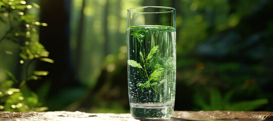 fresh clear mineral water in a glass with forest background 136