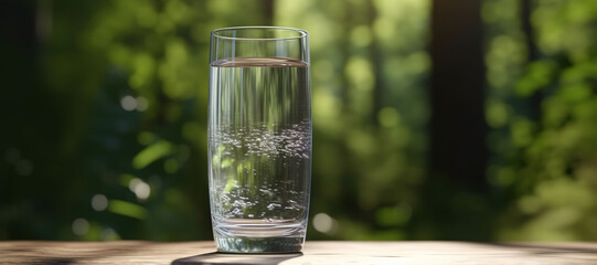 fresh clear mineral water in a glass with forest background 135