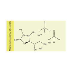 Magnesium ascorbyl phosphate skeletal structure diagram.Vitamin C derivative compound molecule scientific illustration on yellow background.