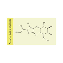 Ascorbic acid-2-glucoside skeletal structure diagram.Vitamin C derivative compound molecule scientific illustration on yellow background.