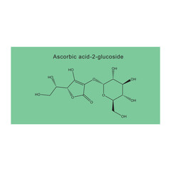 Ascorbic acid-2-glucoside skeletal structure diagram.Vitamin C derivative compound molecule scientific illustration on green background.