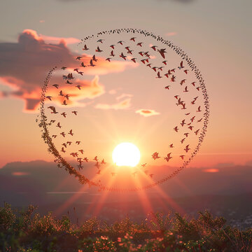3d rendered photos of flock of birds flying in front of a brilliant sunset the sun is centered and forms a circle made with generative AI