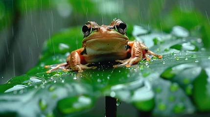 Deurstickers frog on a leaf in the rain, portrait of a frog take a rest on a leaf in the rain © Sean Song