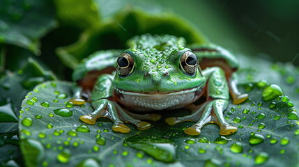 Obraz premium frog on a leaf in the rain, portrait of a frog relax on a leaf in the rain