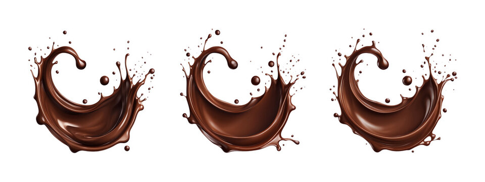 A collection of realistic illustrations of melted chocolate cream with splashes isolated on a white background, suitable for showcasing delicious food products. Generative AI.