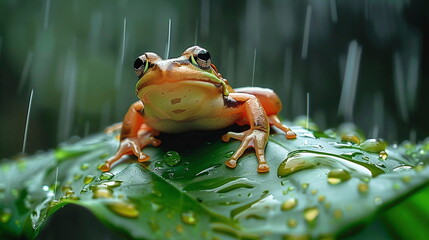 frog on a leaf in the rain, portrait of a frog relax on a leaf in the rain