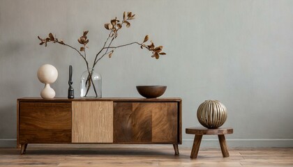 wooden sideboard, glass vase with branch, bowl, ball sculpture and personal accessories. Home deco - obrazy, fototapety, plakaty