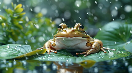frog on a leaf in the rain