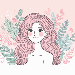 Woman with long pink hair surrounded by pastel doodle leaves