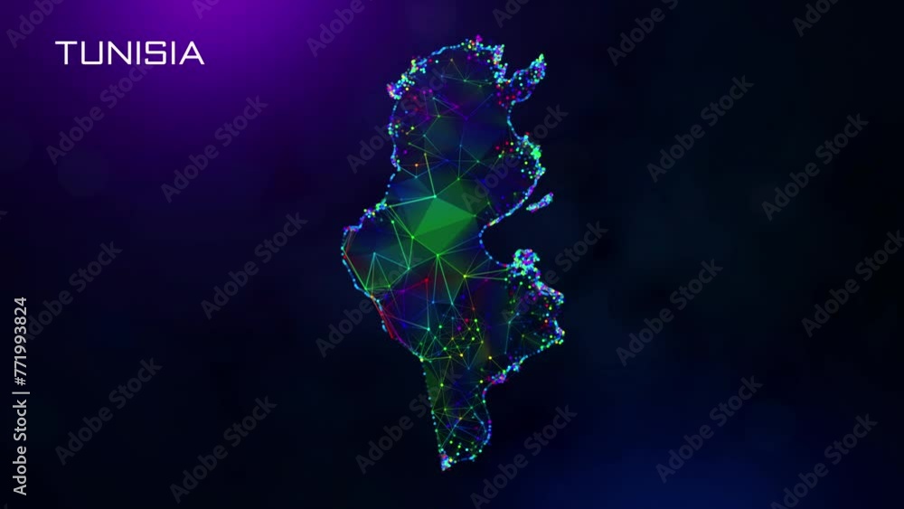 Poster futuristic motion reveal tunisia map polygonal blue purple colorful connected lines and dots network