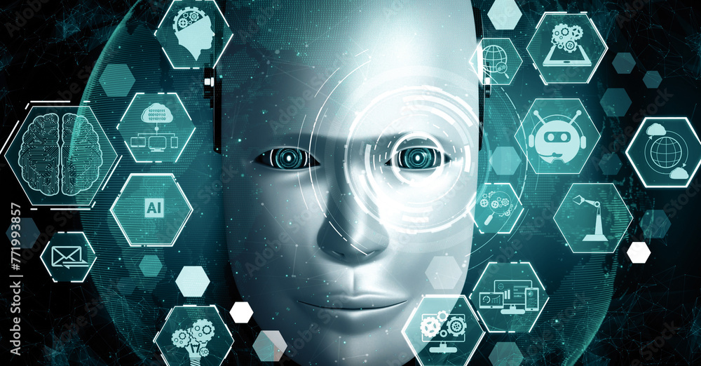 Poster xai 3d illustration robot hominoid face close up with graphic concept of ai thinking brain , artific