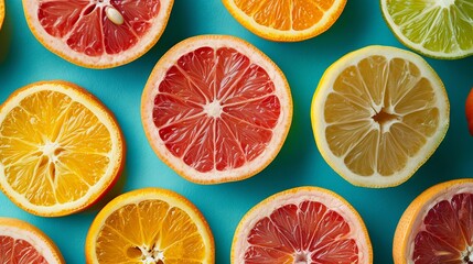 Obraz premium Citrus fruit slices spread on a teal backdrop