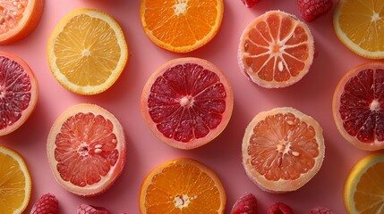 Top view of colorful fresh fruit cut and styled neatly