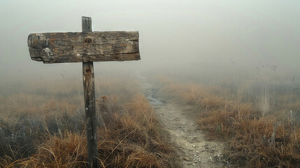 Weathered wooden signposts at a foggy crossroad