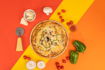 special pizza with ingredients on colorful background