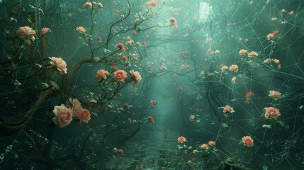 A surreal garden where flowers bloom into routers
