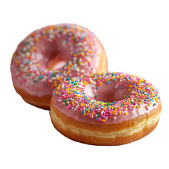 Two pinkfrosted doughnuts with sprinkles on a transparent background