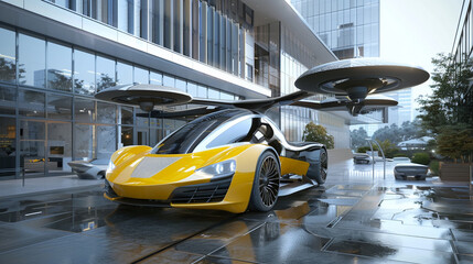 Futuristic flying yellow car with rotor blades ready for takeoff. Transport of future