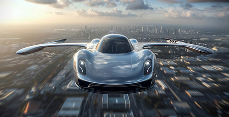 Futuristic flying car soaring above modern cityscape. Future transport concept