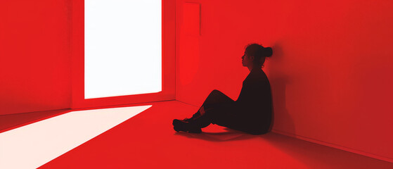 A woman sits in a red room with a white wall