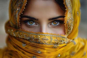 Stunning Hindu female model adorned in henna and ornate jewelry wearing a traditional yellow saree and veiling her face.