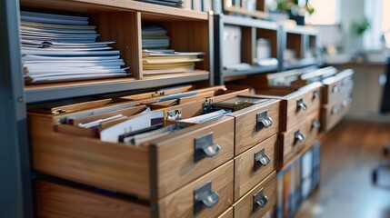 Array of open drawers revealing documents in office
