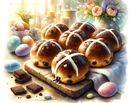 Watercolor Painting of Chocolate Hot Cross Buns, in an Easter Day Theme