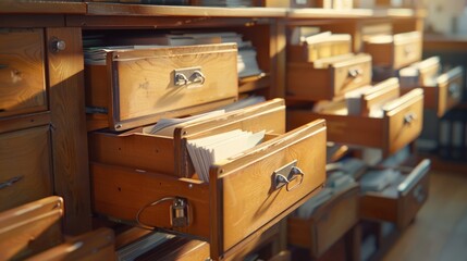 Array of open drawers revealing documents in office