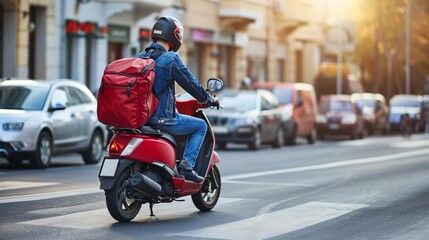 A motorbike courier with a crimson backpack is en route to deliver food, ensuring swift delivery to customers.