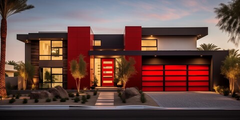Architectural elegance meets vibrant color in a minimalist exterior featuring touches of bold ruby hues.