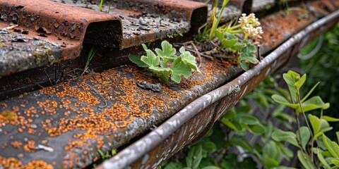 Rusted, run-down gutter amidst foliage and grime.