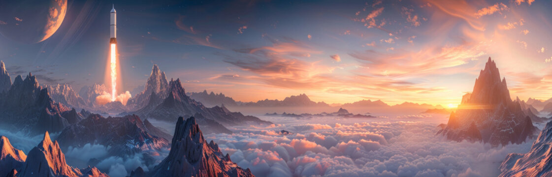 panorama of the space landscape with a flying rocket. space exploration, interplanetary flights, travel or interstellar tourism. fantasy scene.