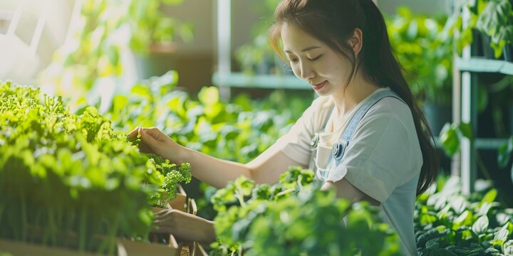 Profile image of woman employee organizing container of verdant flora in ecological lab or plant nursery glasshouse blank area.