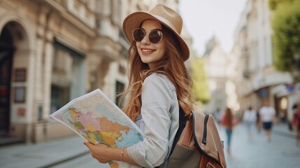 European travel guide for female tourist with map navigating the streets.