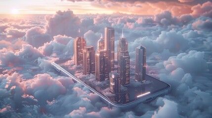Elevated cityscape emerging from a smartphone on a cloud-filled horizon