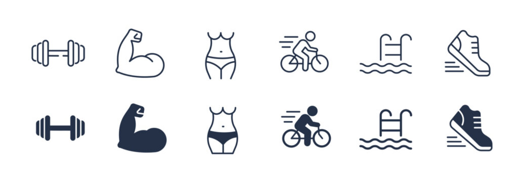 Excercise thin line and solid icons. Editable stroke. For website marketing design, logo, app, template, ui, etc. Vector illustration.