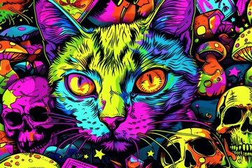 A colorful illustration of Cat on witch character, whimsical wizard cat, Generative AI