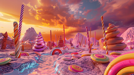 Hyperrealistic candy landscape under a laser-lit sky, pharmacology meets sweet fantasy. Twelfth Dimension angle reveals hidden depths, low noise, no overlay.